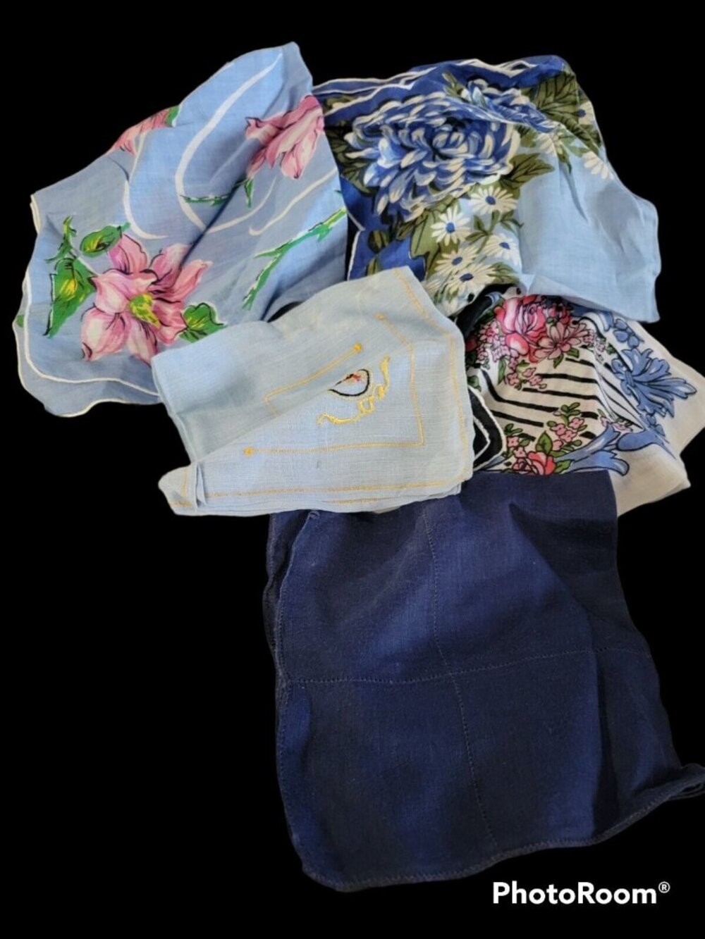 Lot 6 Cotton Linen Handkerchiefs Bluetones Solids Florals Embroidery Vtg MCM
